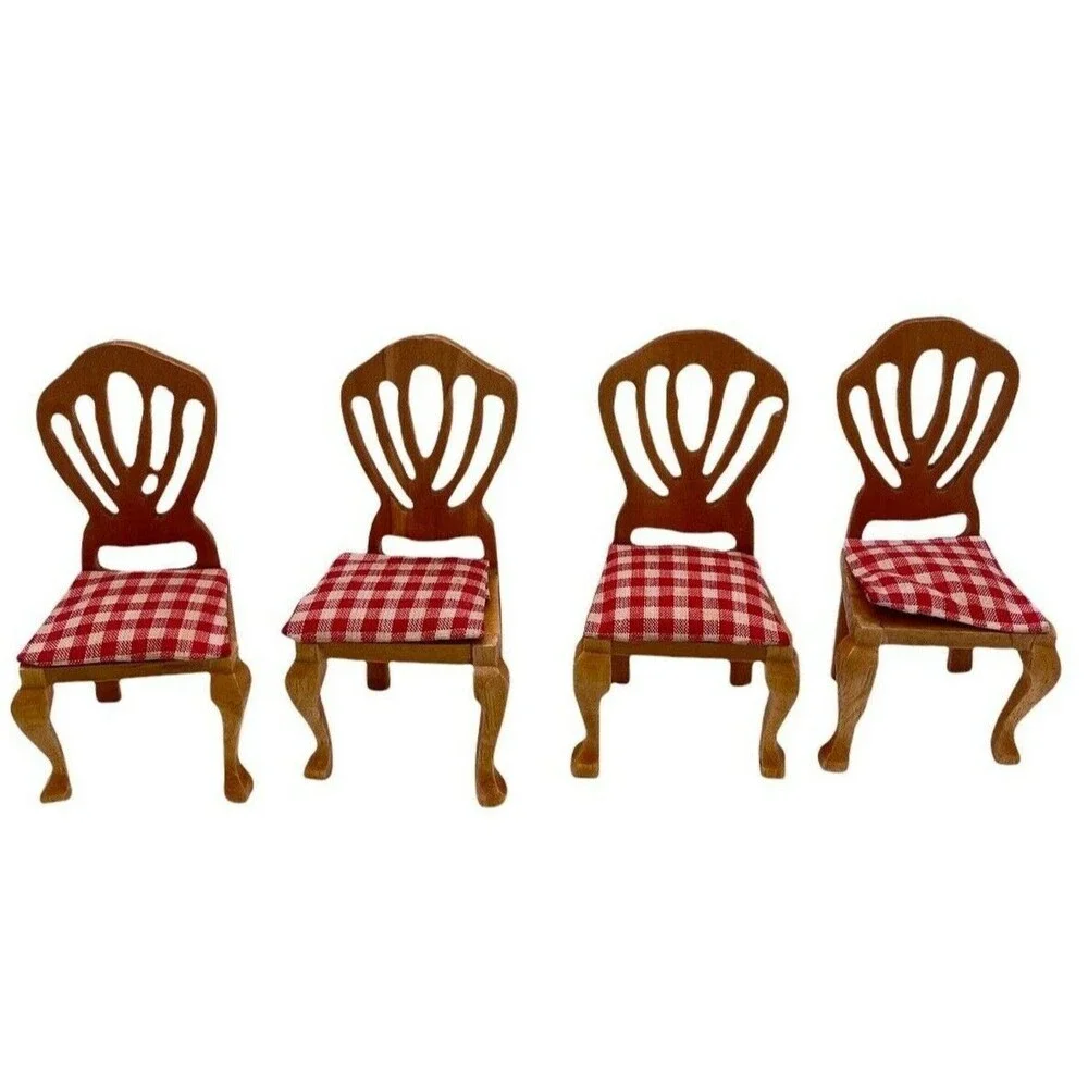 Vintage Dollhouse Miniature Wooden Chairs Lot 4 Red White Gingham Farmhouse 1:12